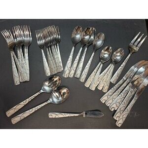 CONQUEST Soup Spoon Serving Fork Dinner Knives Cambridge Stainless Flatware 36pc